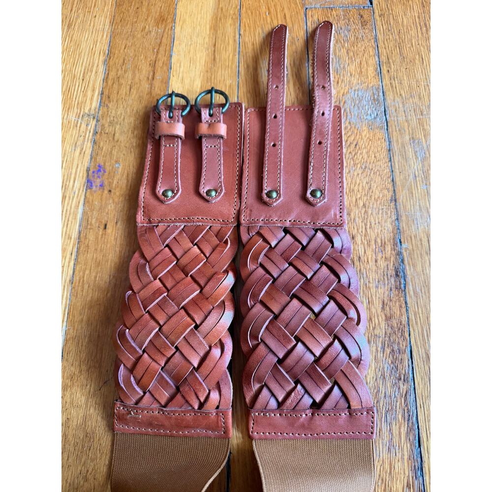 EXPRESS Wide Brown Woven Leather Waist Belt sz S/M - Picture 5 of 11